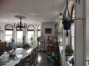 a dining room with a long table with plants at Villart vendégház in Keszthely +11 photos