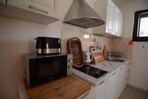 uma pequena cozinha com um micro-ondas e um lavatório em Apartment Bojadzi em Ohrid