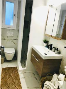 La salle de bains est pourvue d'un lavabo, de toilettes et d'un miroir. dans l'établissement Cozy flat with garden, à Tinos