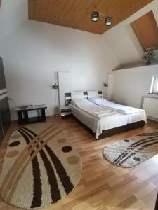 1 dormitorio con 1 cama grande y 1 alfombra en Casa Sara, en Săcele