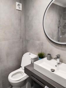 a bathroom with a toilet and a sink and a mirror at Notos Rooms in Loutro