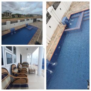 tres fotos de una piscina en un edificio en Queen B Palace en Tema