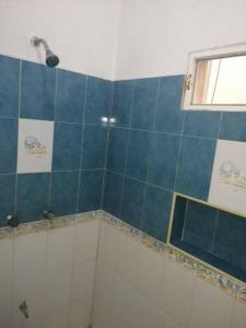 a bathroom with a shower with blue and white tile at La Casa Naranja en Holbox in Holbox Island +31 photos