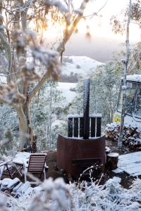 a snow covered yard with a fireplace and a bus at Bus & Hot Tub Secluded Eco Forest Retreat in Bagdad
