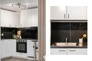 a kitchen with white cabinets and a sink at Perfect getaway 7 min to centrum in Bergen