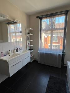 La salle de bains est pourvue d'un lavabo et d'une grande fenêtre. dans l'établissement Ces Home Centrum, à Gand