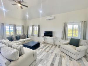 ein Wohnzimmer mit weißen Sofas und einem TV in der Unterkunft The Better Life home in Governors Harbour