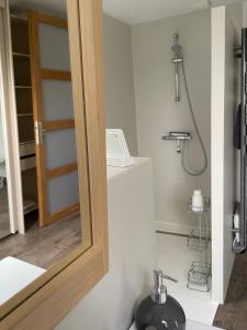 bagno con specchio e lavandino di La Maison des Hérissons a Bergerac