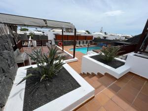un patio avec des plantes et une piscine dans l'établissement Villa 61 PlayaBlanca Lanzarote Pool Spa, à Playa Blanca