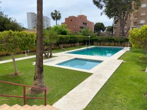 einen Pool in einem Park mit Palmen in der Unterkunft Apartamento en Voramar a 2 minutos de la playa in Benicàssim