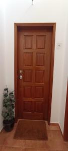 a wooden door in a room with a potted plant at Zawaiaroom in Lagos
