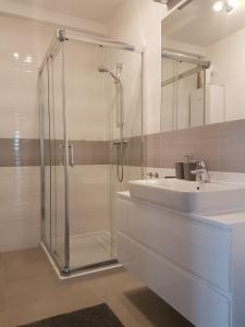 La salle de bains est pourvue d'une douche en verre et d'un lavabo. dans l'établissement Apartament Baltica - Rezydencja Ustronie Morskie, à Ustronie Morskie