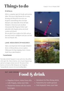 a page of a flyer for food and drink at Villa Rajaportti 1st&2nd floor Loft with lakeview and free front door parking with electric car plug in Tampere