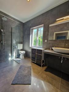 a bathroom with a tub and a sink and a toilet at Holiday Home Zaton in Dubrovnik