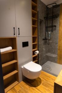 a bathroom with a toilet and a shower at Apartamenty Loftove in Wadowice