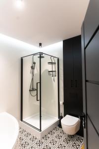 a bathroom with a glass shower with a toilet at Apartamenty Loftove in Wadowice