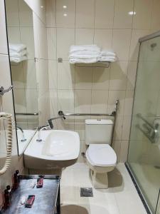 y baño con aseo, lavabo y ducha. en Hotel Maione, en Goiânia