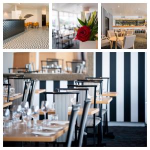 un collage di foto di un ristorante con tavoli e sedie di Bay Plaza Hotel a Wellington