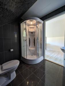 a bathroom with a toilet and a glass elevator at Countryside experience in a Cozy Loft Near Bergen in Frekhaug