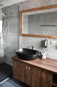 La salle de bains est pourvue d'un lavabo noir et d'une douche. dans l'établissement Hotel Ehrwalderhof, à Ehrwald