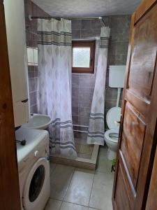 bagno con lavandino e servizi igienici e lavatrice. di GAGO’S WOODEN HOUSE a Plav