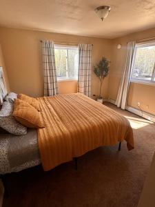 um quarto com uma cama com um cobertor laranja e 2 janelas em Cozy Cottage w/Pioneer Peak View em Palmer