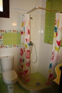 y baño con aseo y cortina de ducha. en Κατάλυμα στην Καστοριά, en Kastoria