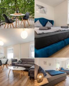 a collage of four pictures of a bedroom and a living room at WineDesign Boxspring 8 Pers BASF Nähe Ludwigshafen und Mannheim in Frankenthal