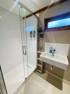 a bathroom with a sink and a shower at The Barn cottage with hot tub overlooking the lake in Ringmer