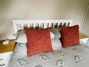 a bed with two red pillows on top of it at The Barn cottage with hot tub overlooking the lake in Ringmer