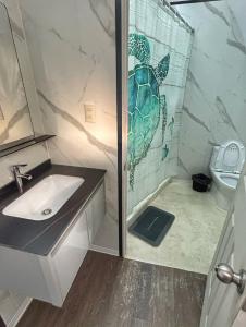 a bathroom with a shower with a sink and a toilet at Iglú Gulliver a 6 minutos de la playa en auto in Barra de Navidad