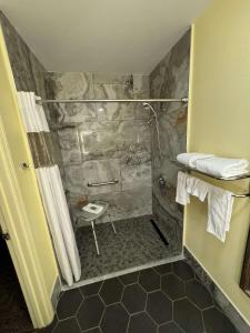 bagno con doccia e parete in pietra di SureStay Hotel by Best Western Manning a Manning Altre 26 foto
