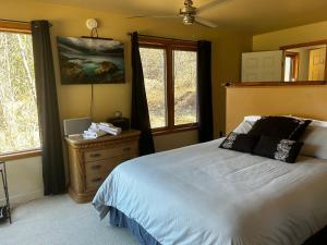 een slaapkamer met een bed, een dressoir en ramen bij Kootenay, Lakeside Retreat, Main Floor and Walkout in Nelson