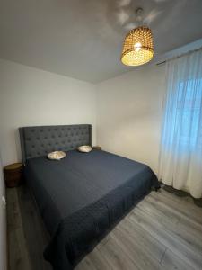 una camera con letto e lampadario a braccio di Pinewood Apartment a Miercurea-Ciuc