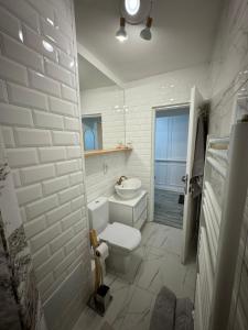 bagno bianco con servizi igienici e lavandino di Pinewood Apartment a Miercurea-Ciuc