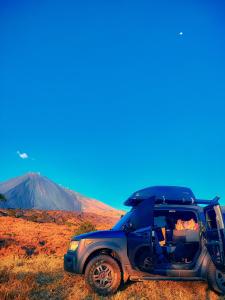 a blue truck parked in a field with a mountain in the background at Mini Camper Honda Element in Guatemala