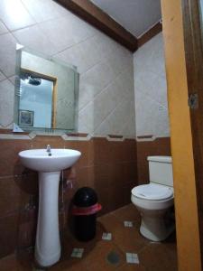 a bathroom with a sink and a toilet and a mirror at THE ROYAL GUEST HOUSE Hco in Huanchaco