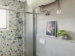 bagno con doccia e box doccia in vetro di Green Trails Apartment - Fully renovated with mountain view a Divjakë