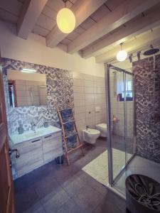 a bathroom with a shower and a sink and a toilet at Family friendly house with a swimming pool Ogulin, Gorski kotar - 22843 in Ogulin