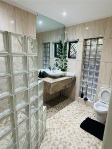 La salle de bains est pourvue d'un lavabo et de toilettes. dans l'établissement Breath of Fresh air Suva Fiji, à Suva