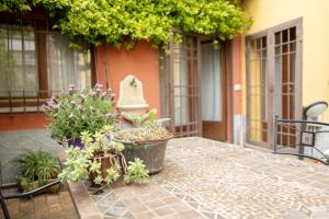 Il Cortiletto - Apartment في بيرغامو: مجموعة من النباتات الفخارية أمام المبنى