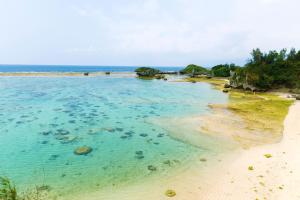 uma vista para uma praia com água azul e árvores em Blue Steak Wonder Yomitan em Yomitan