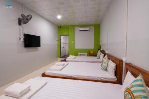 2 Betten in einem Zimmer mit grünen und weißen Wänden in der Unterkunft Sea House in Ấp Bình Hưng
