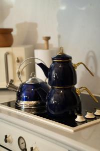 a blue tea kettle sitting on top of a stove at Byzantine Home in the Castle in Mestá
