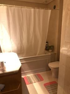 y baño con cortina de ducha blanca y aseo. en Apartamento Lisboa, en Lisboa