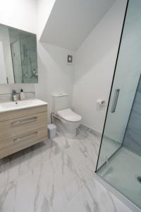 a bathroom with a toilet and a sink and a mirror at Glamorous 2 bed CBD townhouse w/King bed in Christchurch