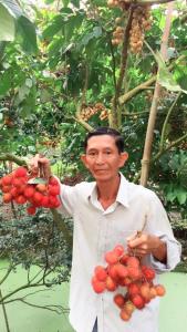 Een man houdt een bos rode bessen vast. bij Ba Hung homestay in Ấp Hòa Phú (2)