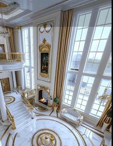The Empress Palace Hotel في سوري: غرفة كبيرة بها موقد ونافذة كبيرة