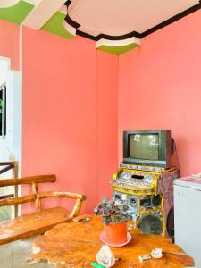 Santa Monica的住宿－Masayay Homestay With Starlink Wifi，一间设有桌子的房间和墙上的电视