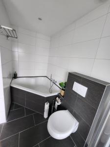 a bathroom with a toilet and a bath tub at Casa Cinco in Valkenburg